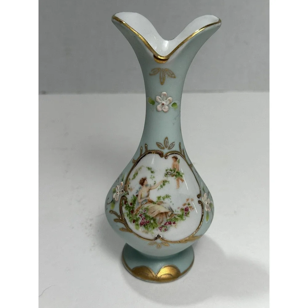 Japanese Blue Porcelain Vase With Angels Floral 6537E 6.5